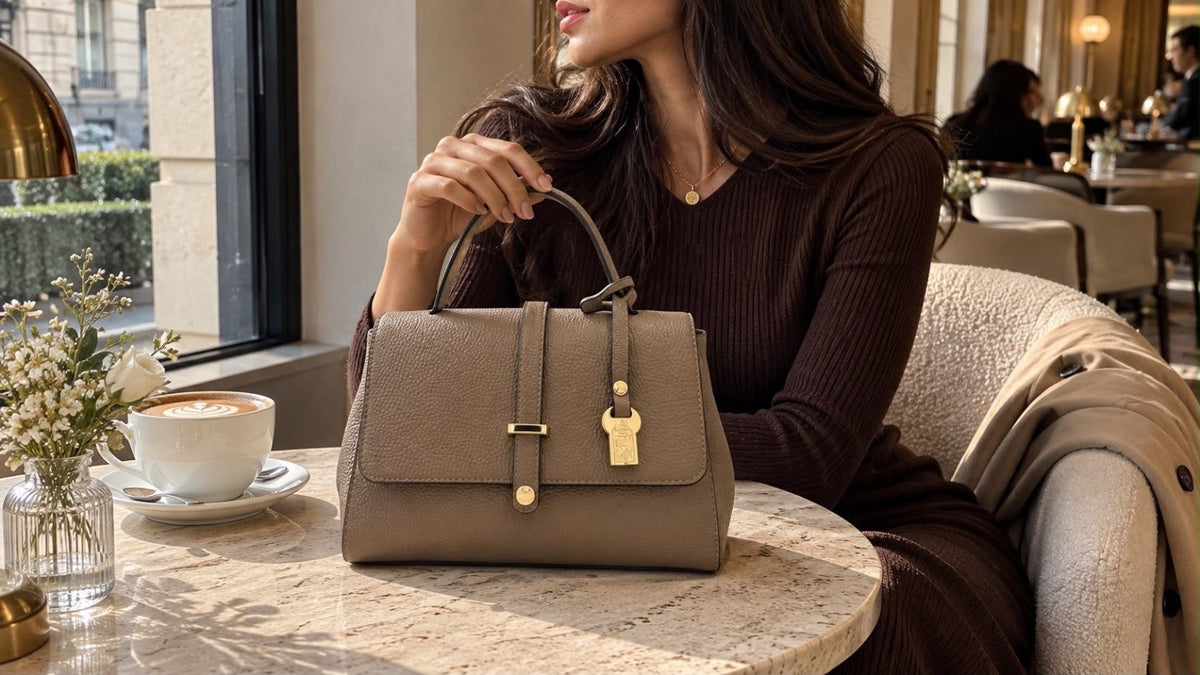 A taupe leather top-handle bag on a marble café table