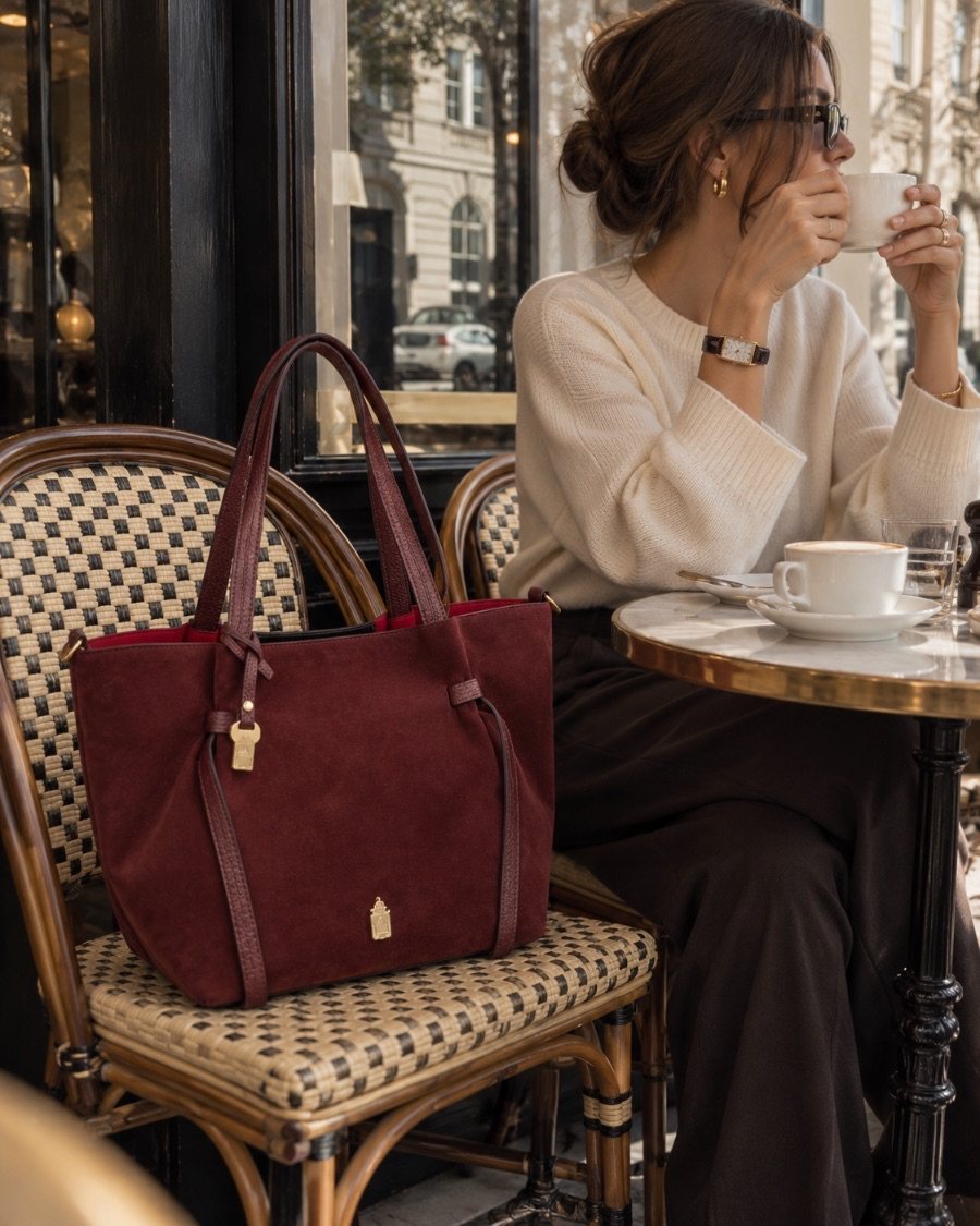 Simona in Beautiful Burgundy on a café chair beside a woman drinking coffee
