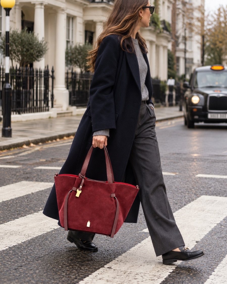 Simona in Beautiful Burgundy carried across a zebra crossing