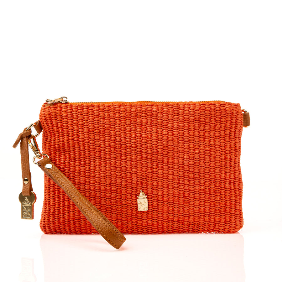 Priya Hot Orange Woven Raffia Clutch/Crossbody Bag