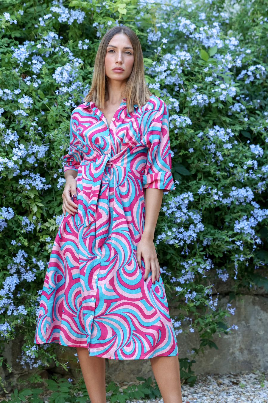 Moda Fuchsia Swirl Print Shirt Dress