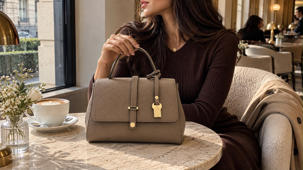 A taupe leather top-handle bag on a marble café table