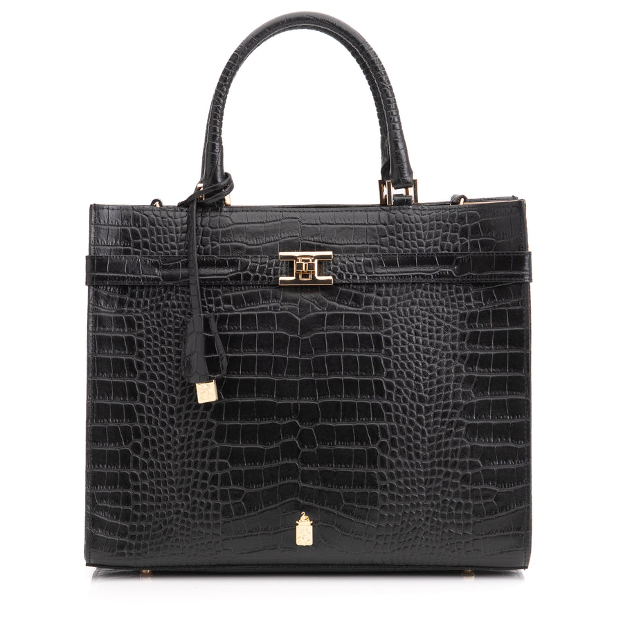Coco Black Croc Stamped Leather Handbag