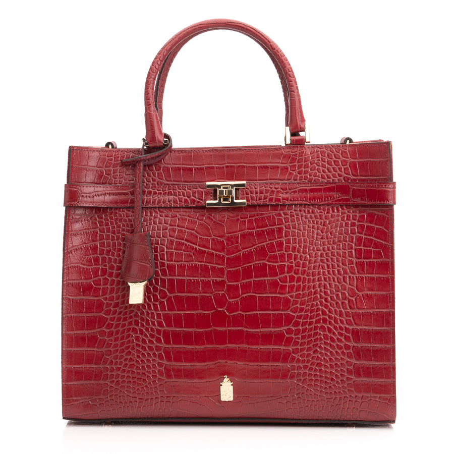 Coco Burgundy Croc Stamped Leather Handbag