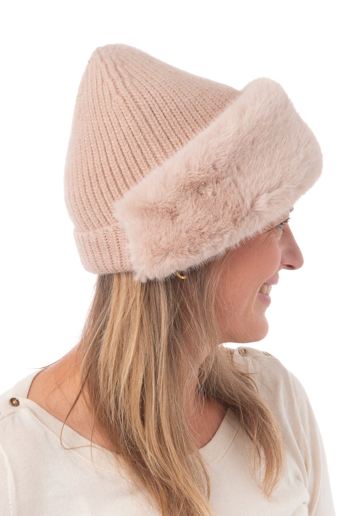 Clementina Beige Faux Fur Beanie
