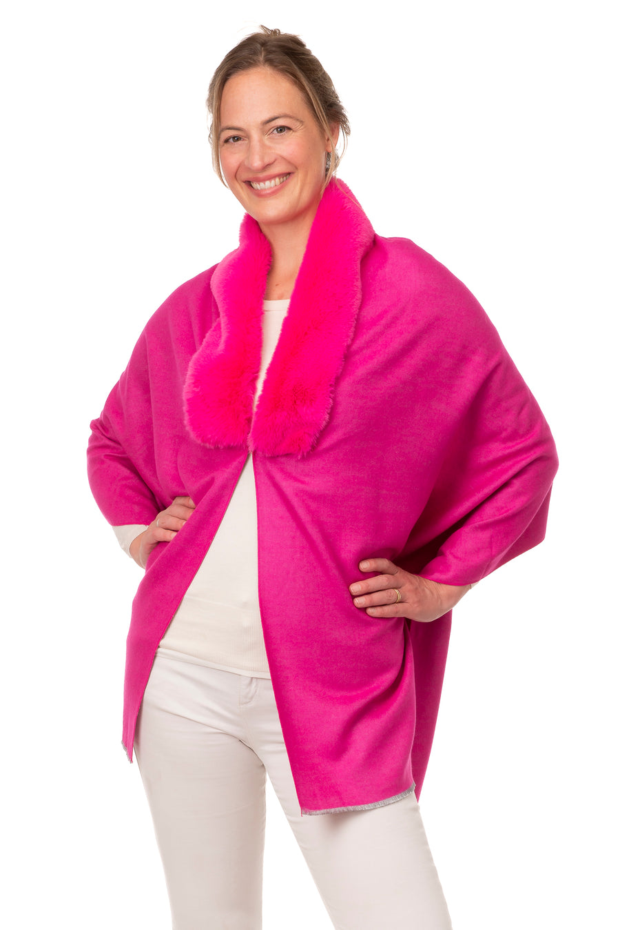 Azzura Fuchsia Wrap With Faux Fur Collar