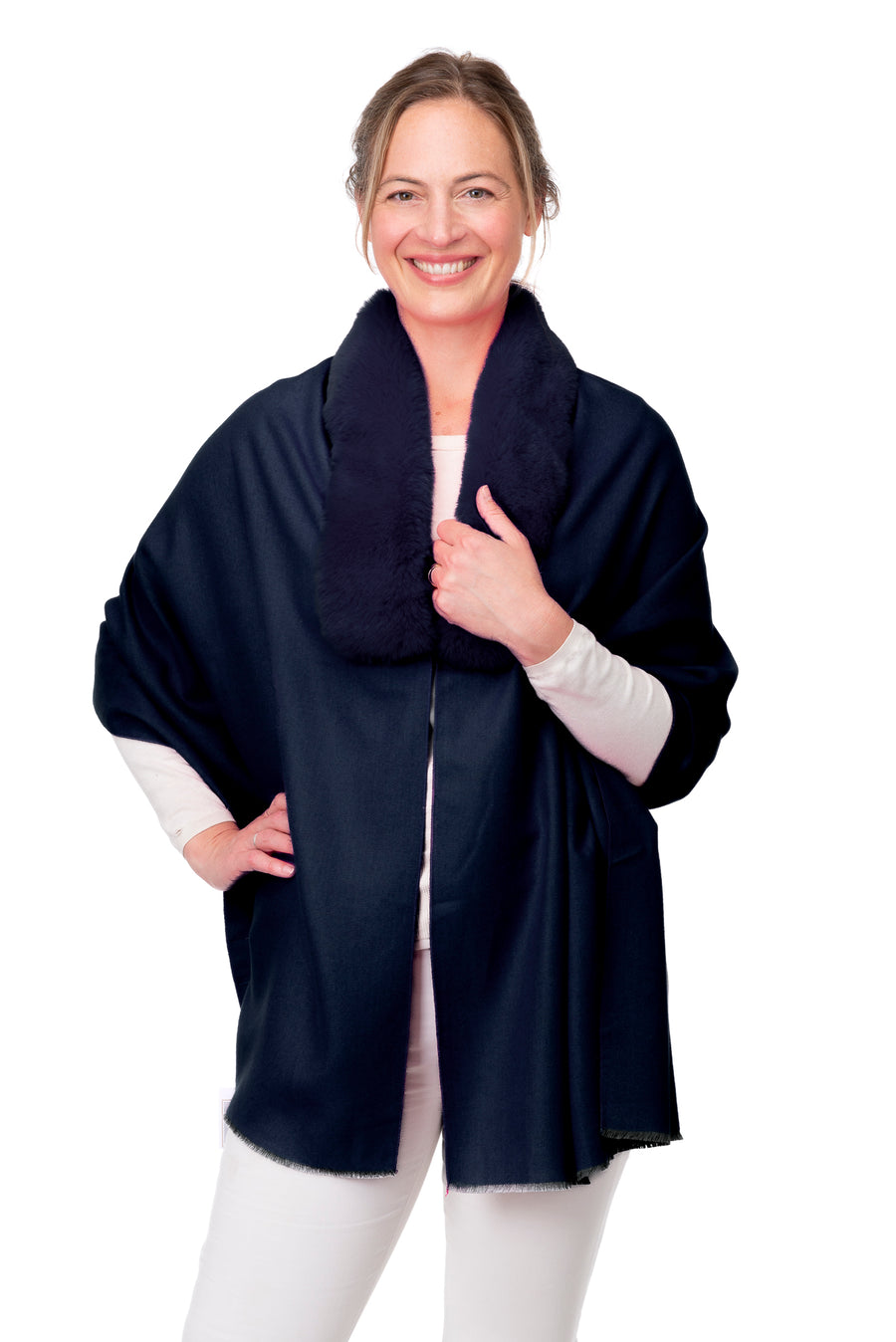 Azzura  Rich Navy Wrap With Faux Fur Collar