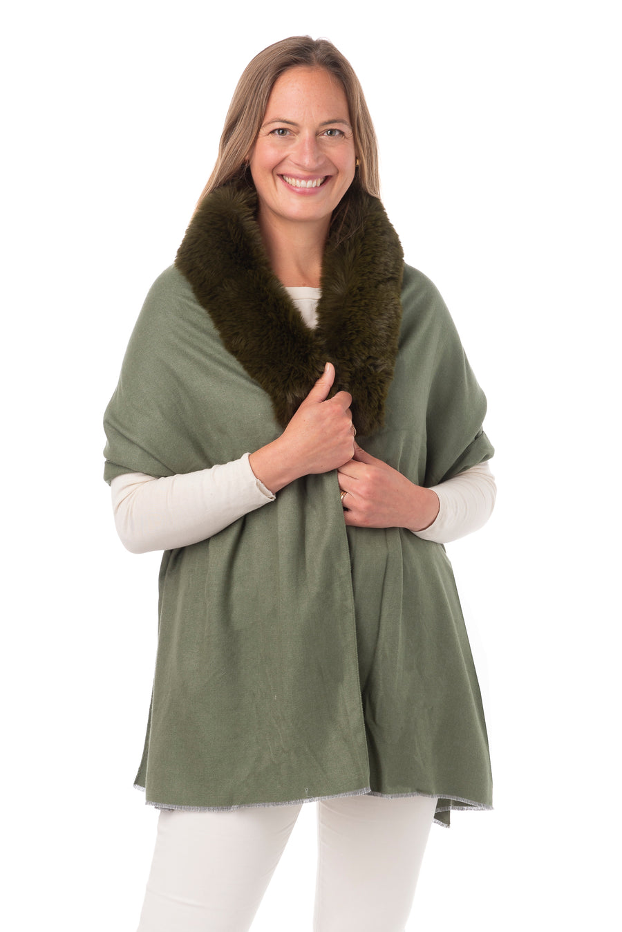 Azzura Olive Green Wrap With Faux Fur Collar