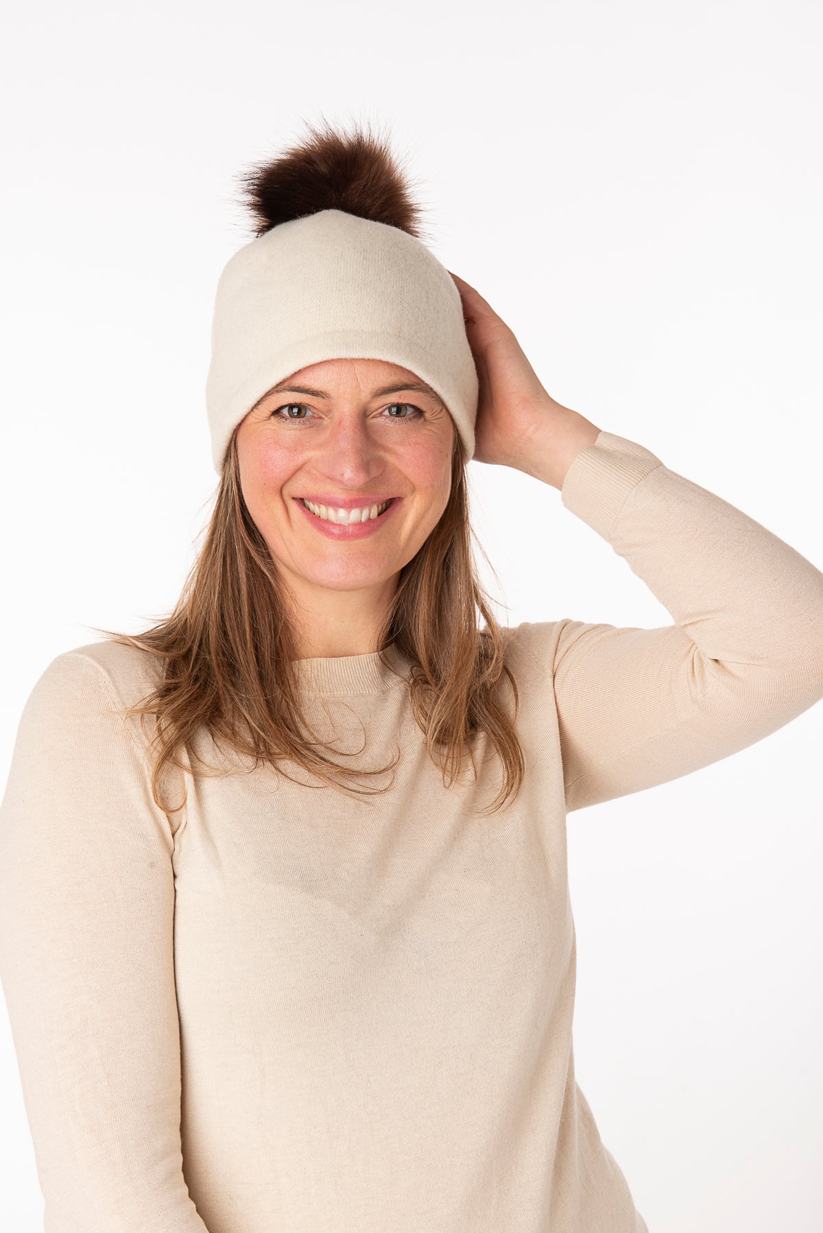 Elettra Beige Faux Fur Pom Pom Beanie