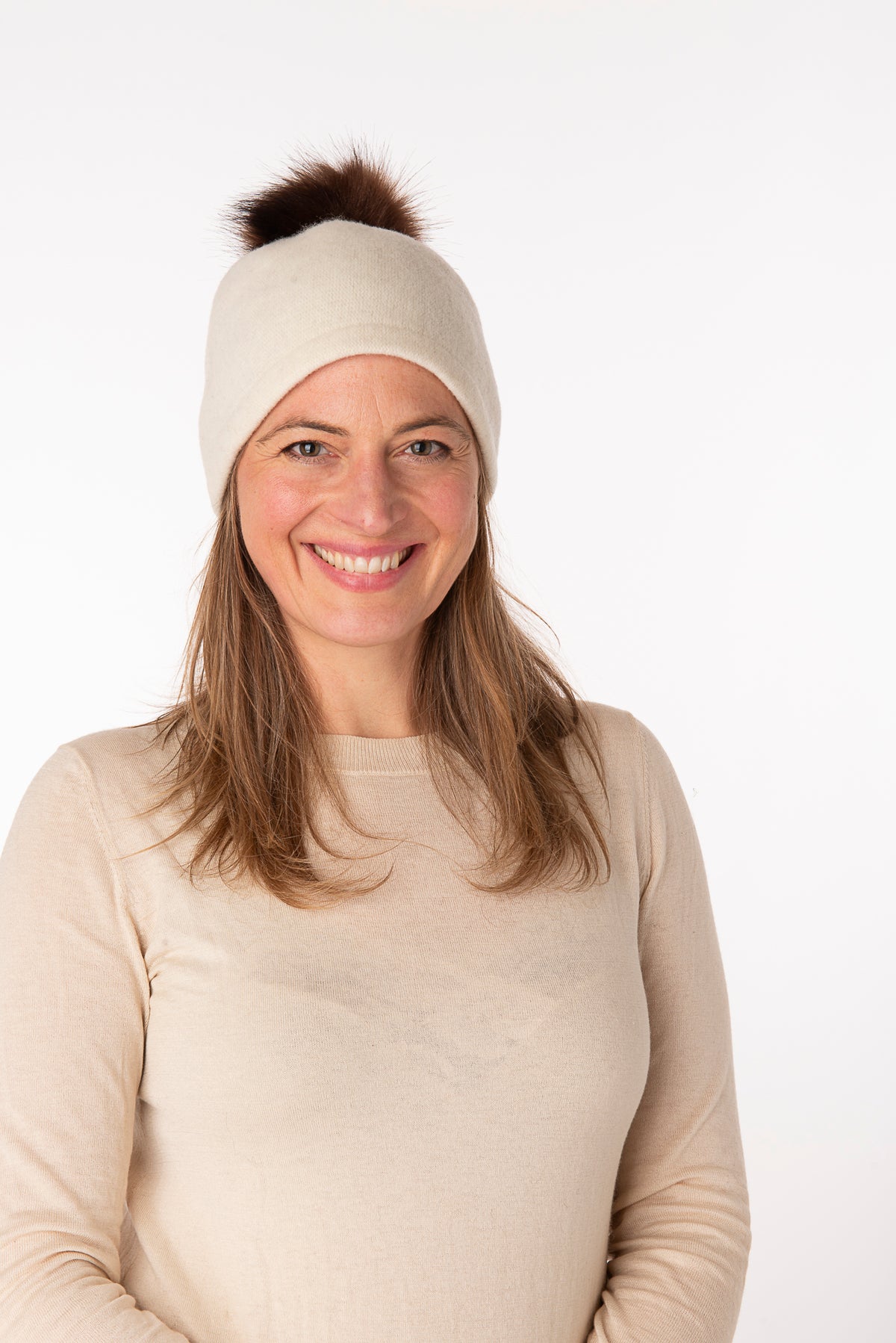 Elettra Beige Faux Fur Pom Pom Beanie