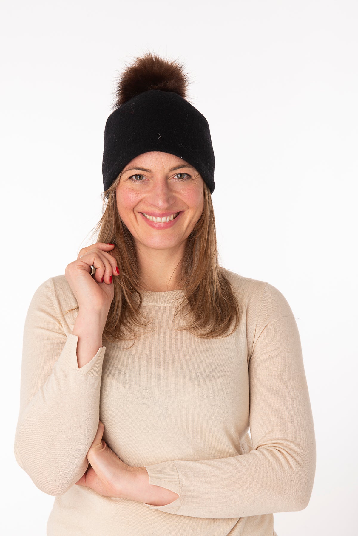 Elettra Black Faux Fur Pom Pom Beanie