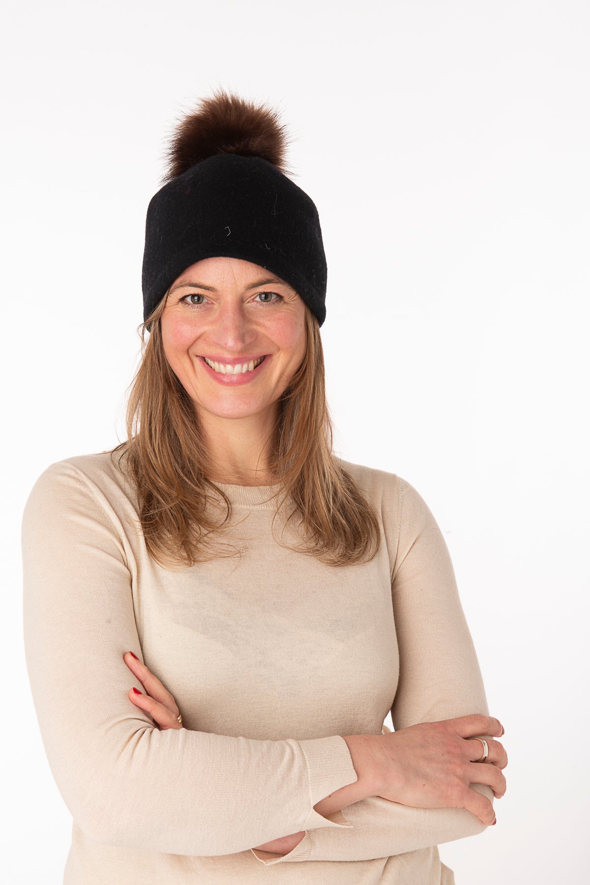 Elettra Black Faux Fur Pom Pom Beanie