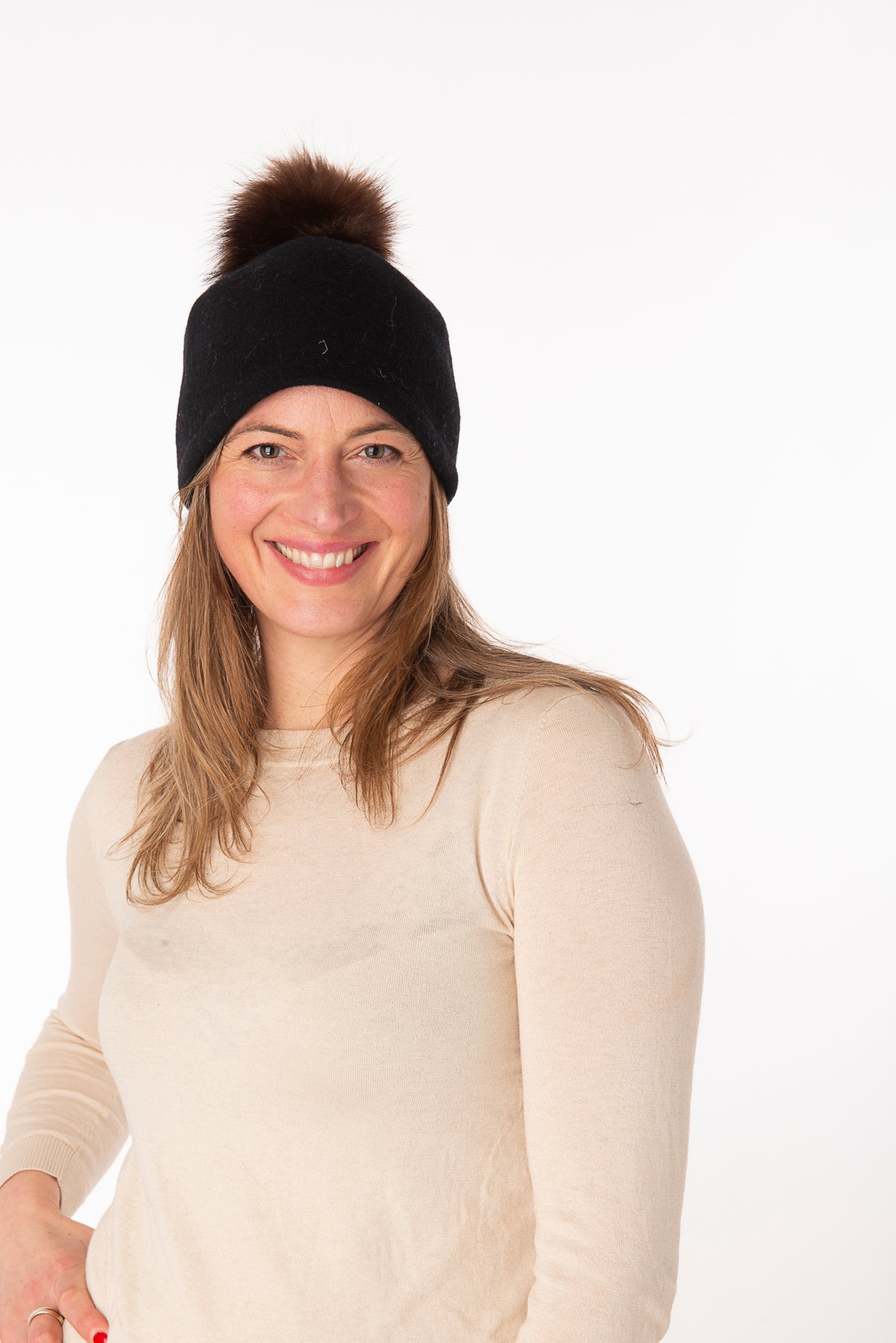 Elettra Black Faux Fur Pom Pom Beanie