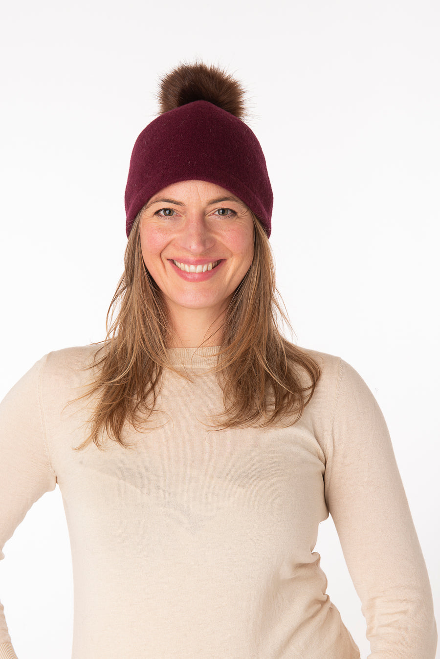 Elettra Burgundy  Faux Fur Pom Pom Beanie