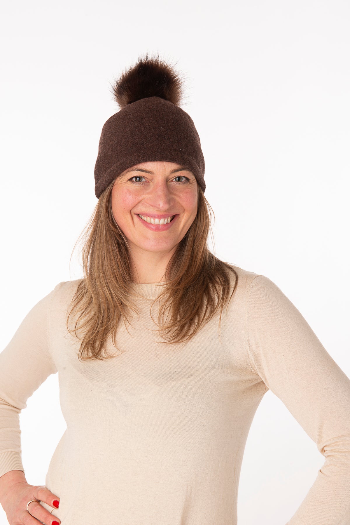 Elettra Chocolate Faux Fur Pom Pom Beanie
