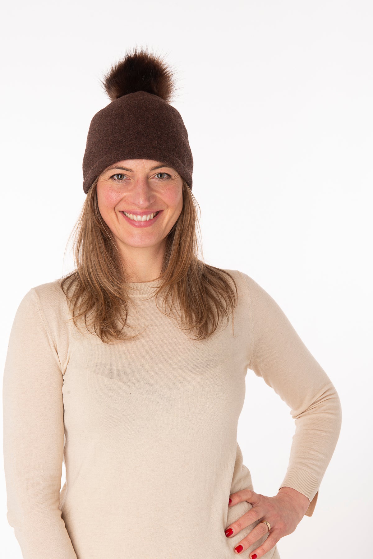 Elettra Chocolate Faux Fur Pom Pom Beanie