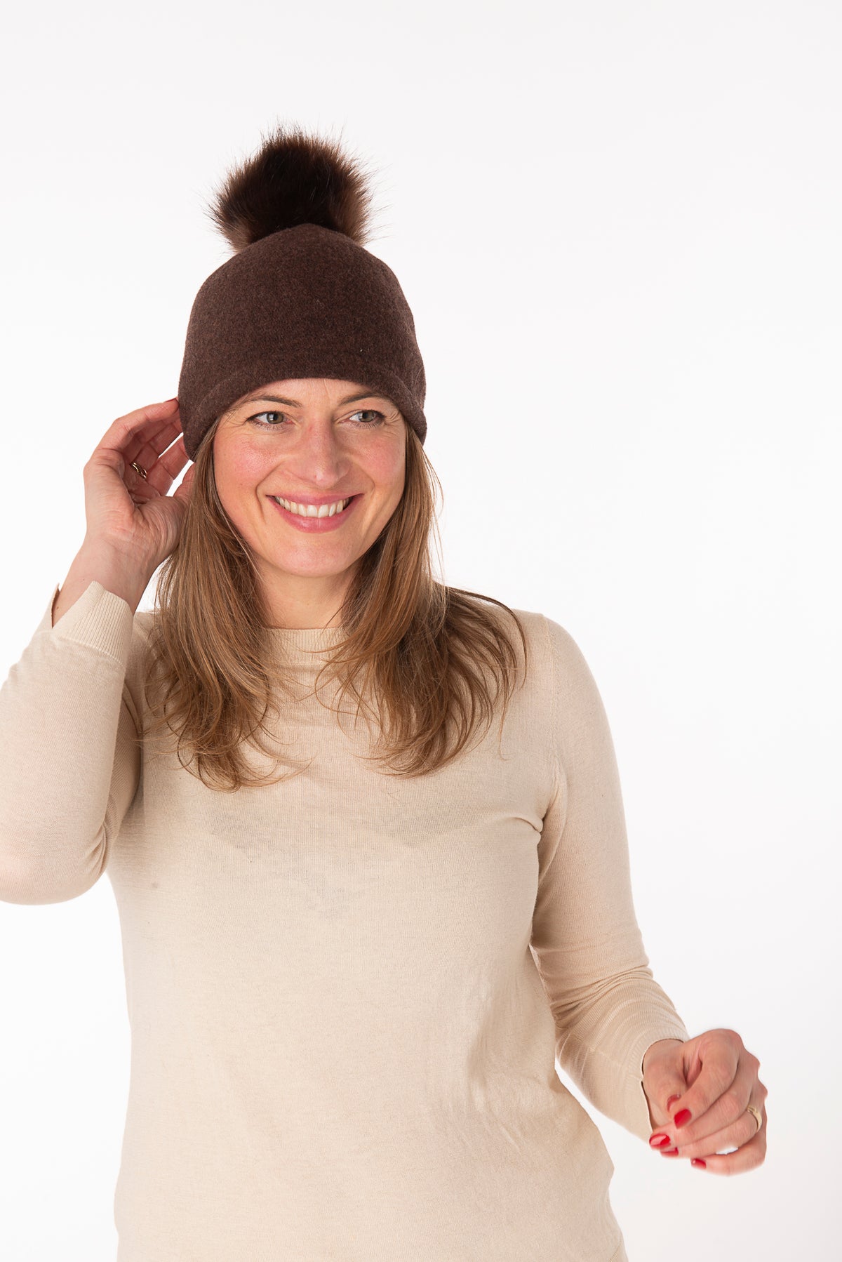 Elettra Chocolate Faux Fur Pom Pom Beanie