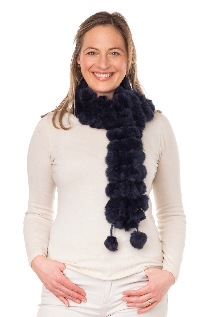Ambrah Navy Blue Fur Pom Pom Scarf