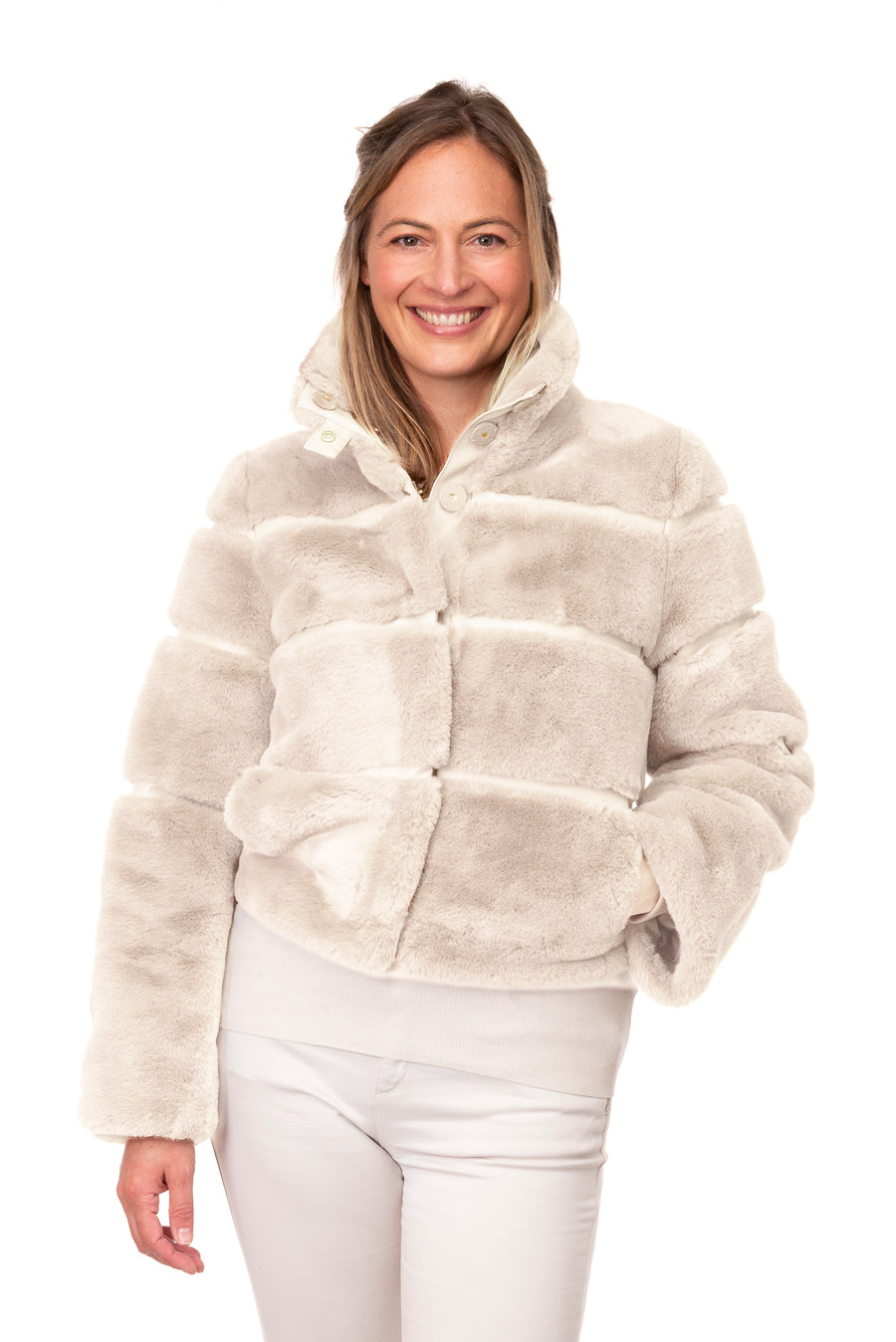 Zanara Soft Beige Faux Fur Bomber Jacket