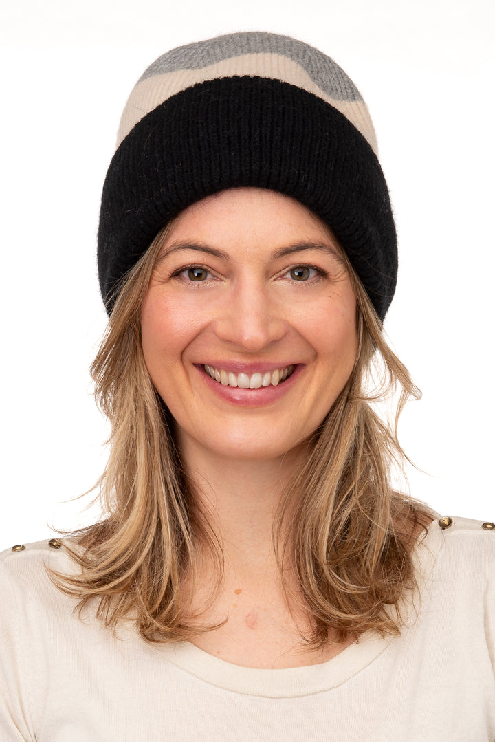 Anastasia Black Tri-Coloured Stripe Beanie