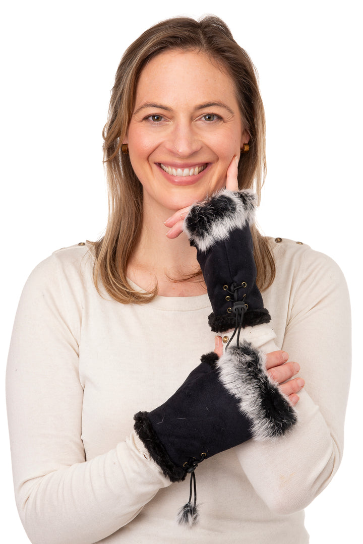 Cadenza Midnight Black Fingerless Suedette & Fur Mitt