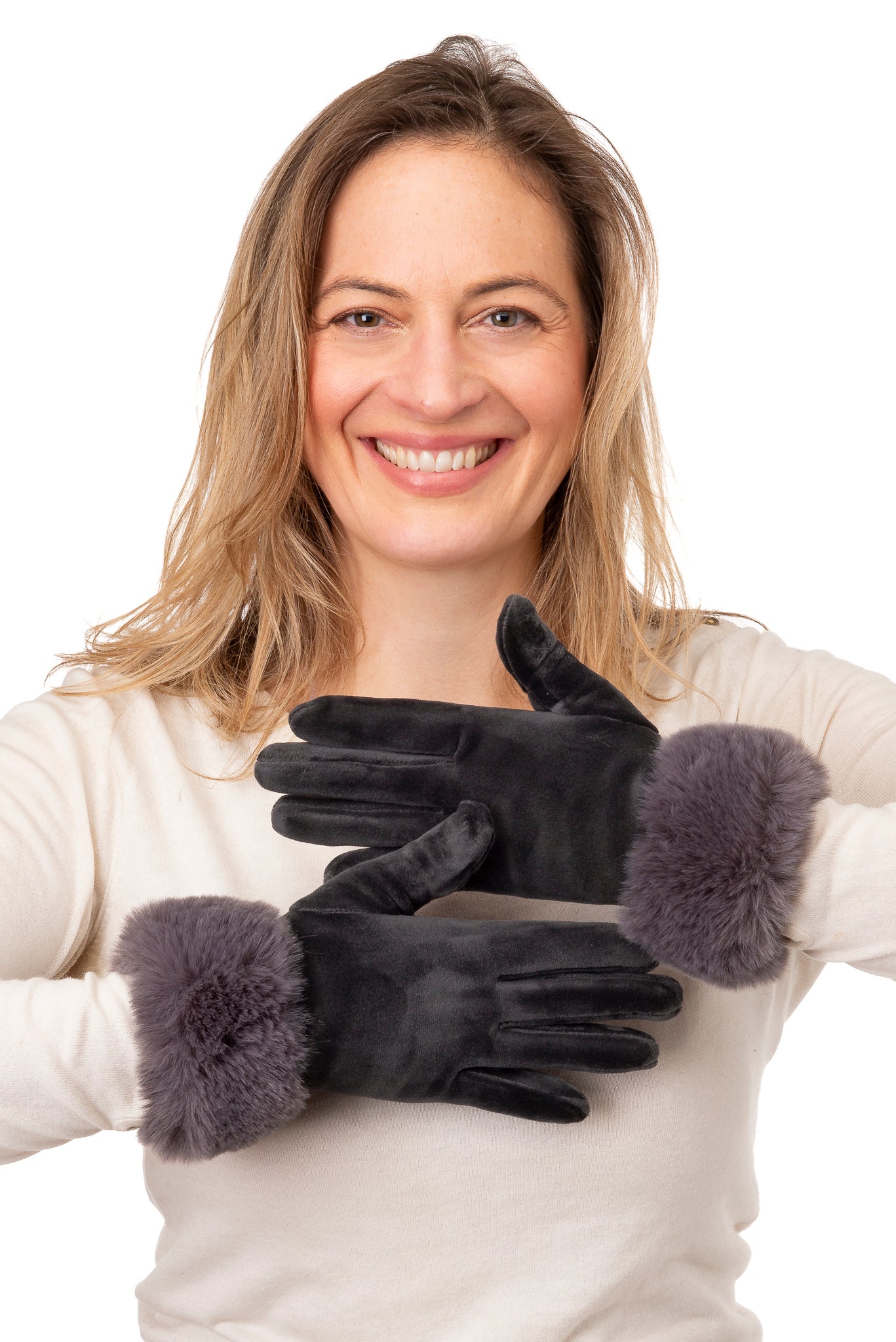 Mattea Grey Velvet Faux Fur Glove - Main Image