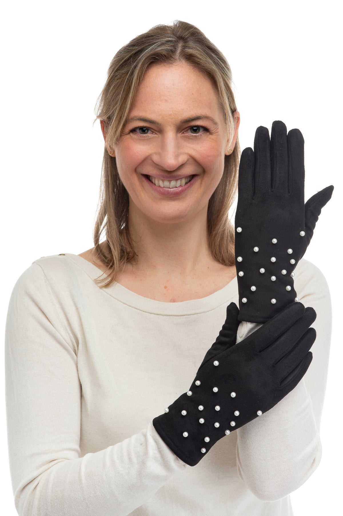 Perlina Black Suedette With Scattered Pearl Glove
