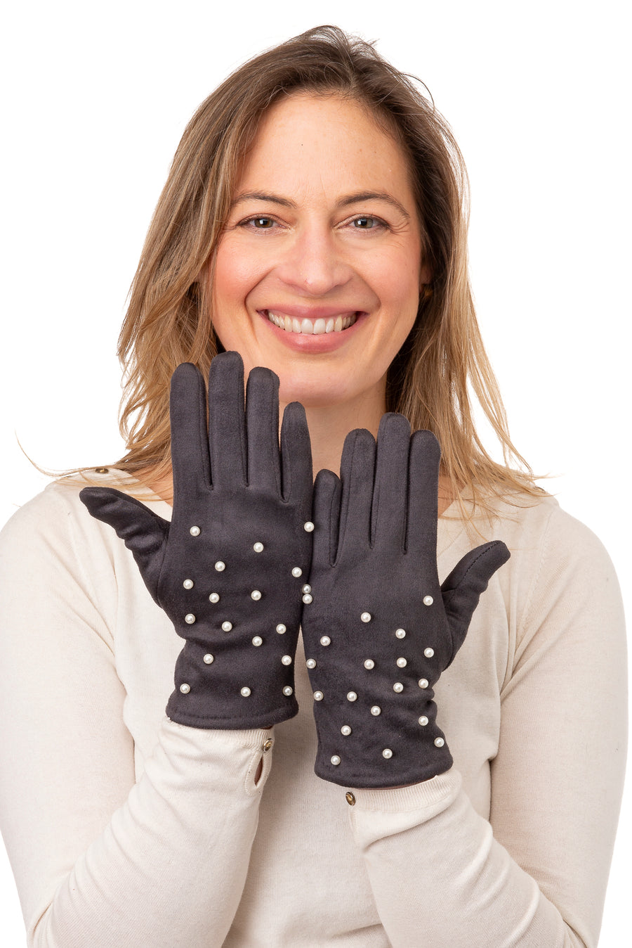 Perlina Grey Suedette With Scattered Pearl Glove