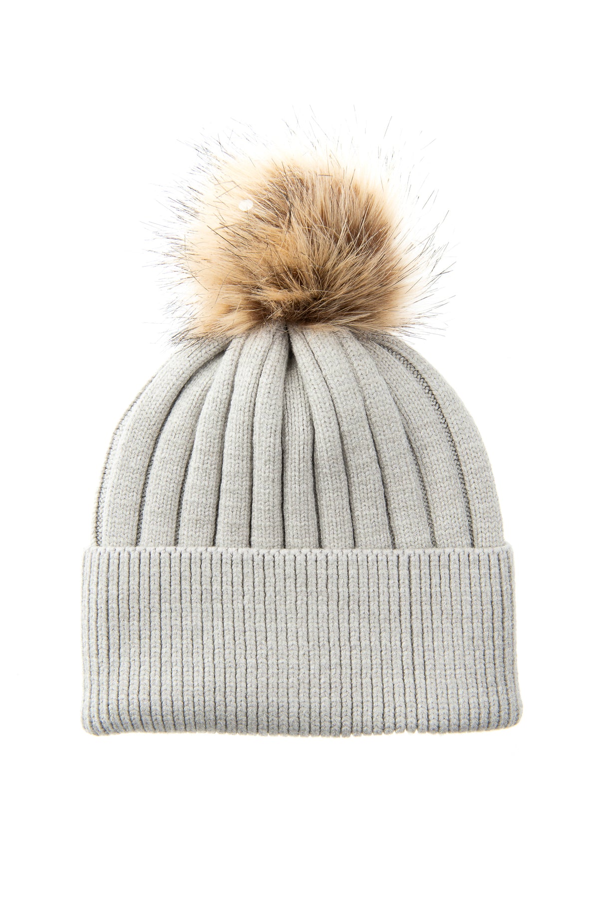 Abriana Light Grey Chunky Knit Bean With Natural Brown Pom Pom
