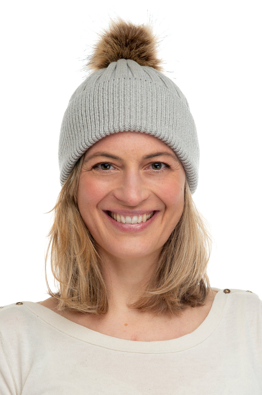 Abriana Light Grey Chunky Knit Bean With Natural Brown Pom Pom