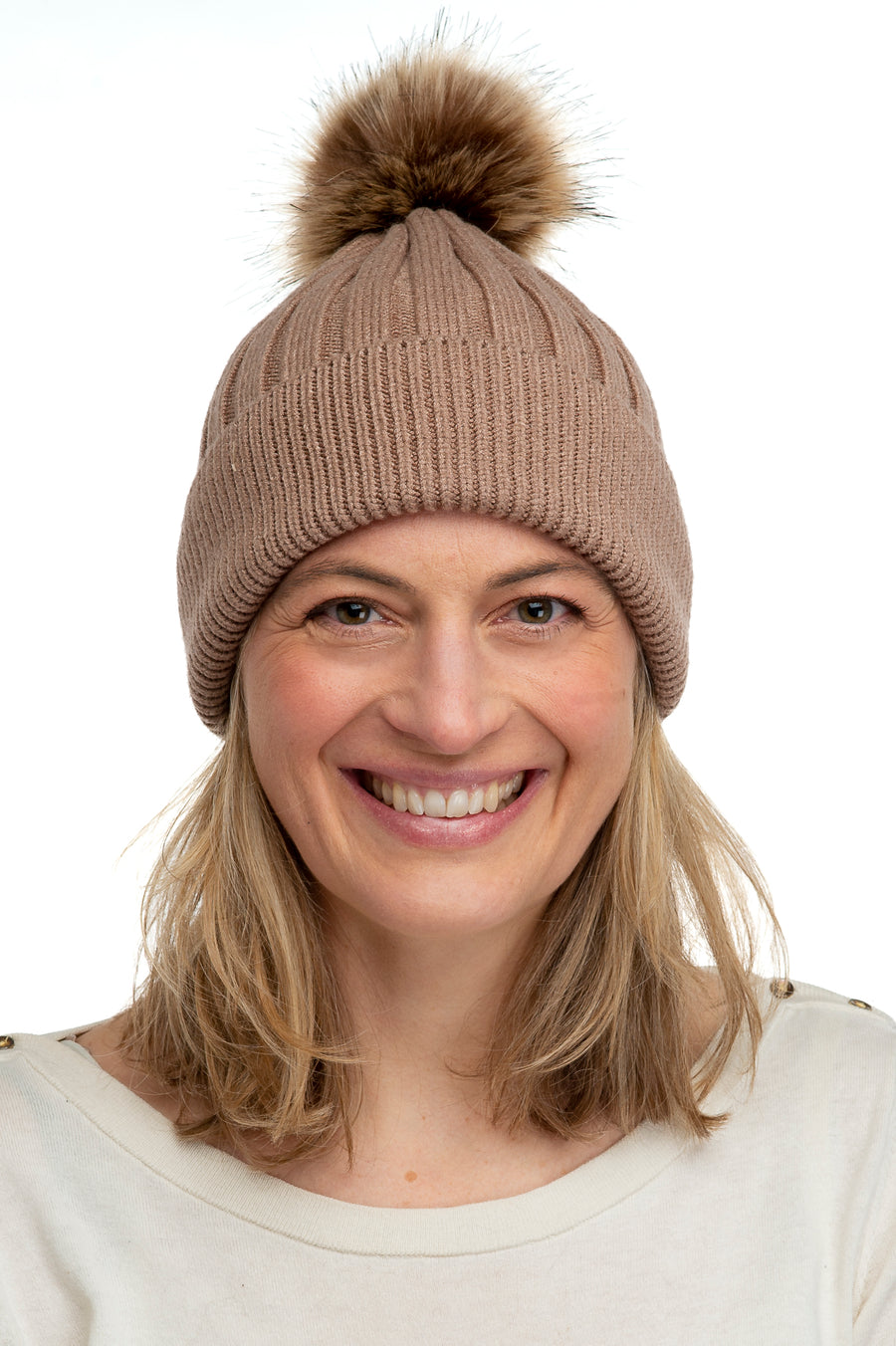 Abriana Mocha Chunky Knit Bean With Natural Brown Pom Pom