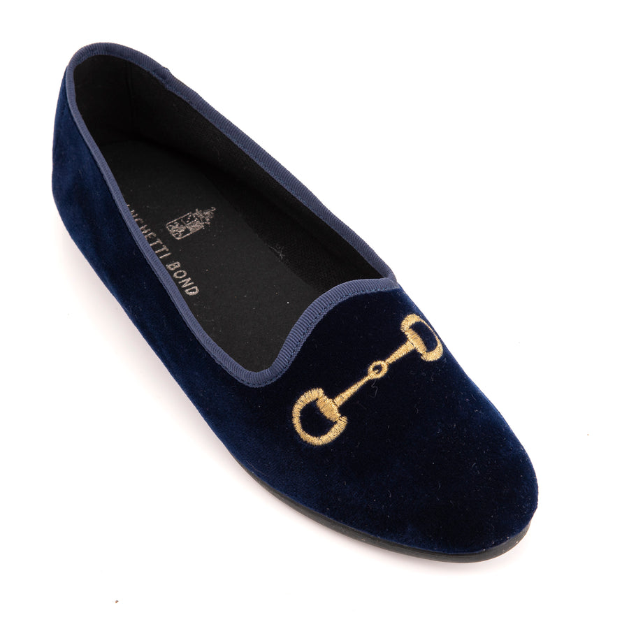 Fedra Navy Snaffle Embroidered Velvet Slipper