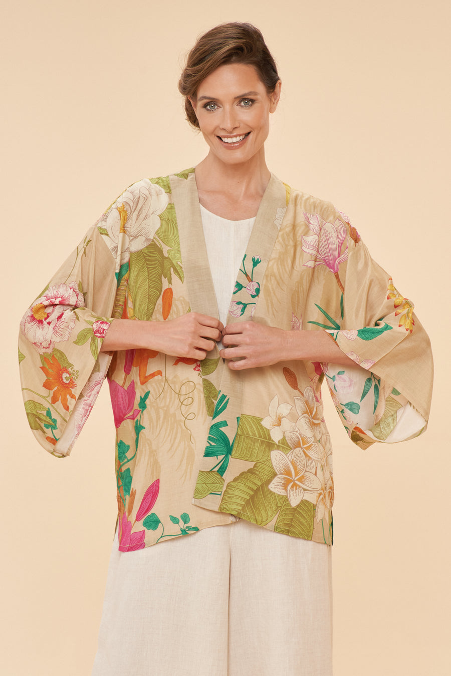 Tropical Flora Kimono Jacket In Coconut