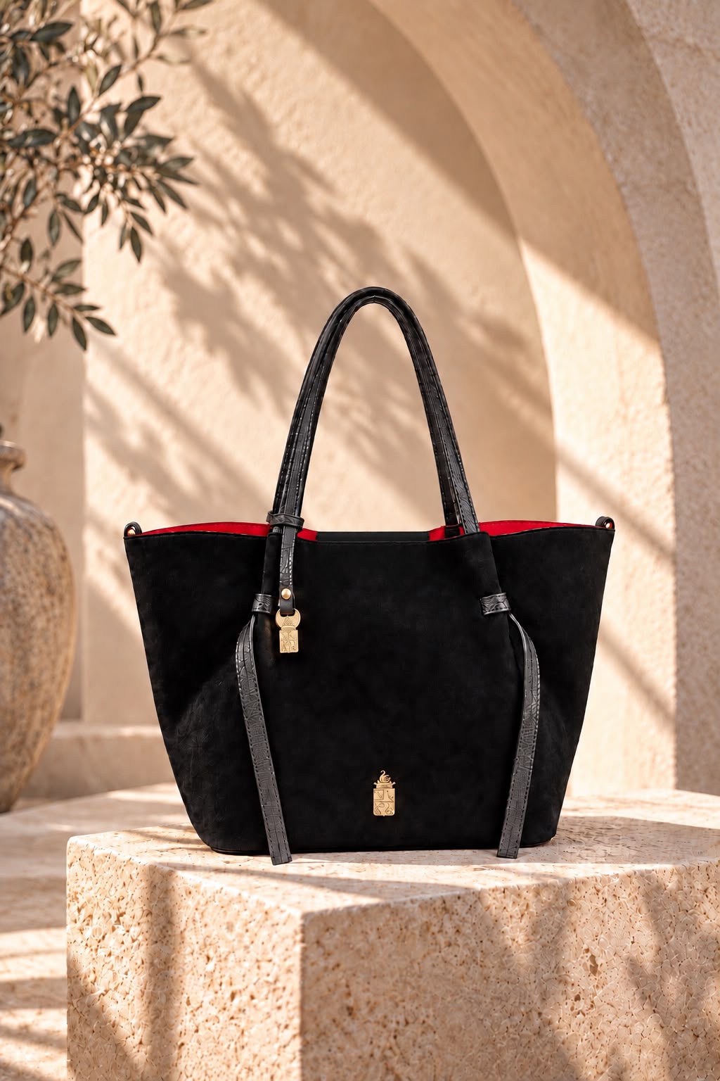 Simona in Midnight Black on a stone plinth in dappled sunlight