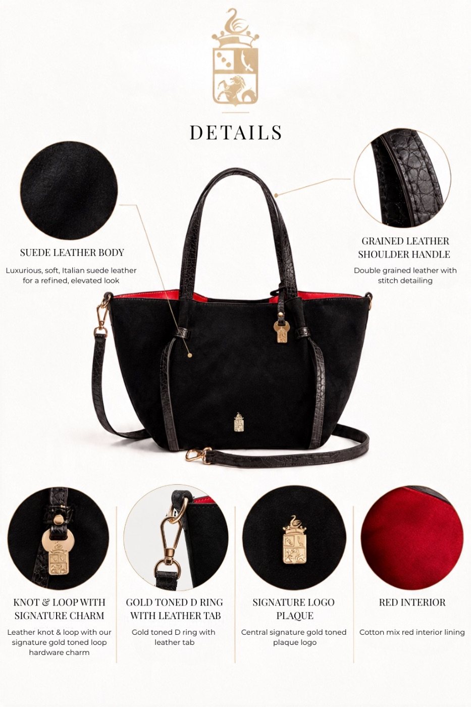 Simona in Midnight Black details: suede leather body, grained leather shoulder handle, knot and loop with signature charm, gold toned D ring with leather tab, signature logo plaque and red interior
