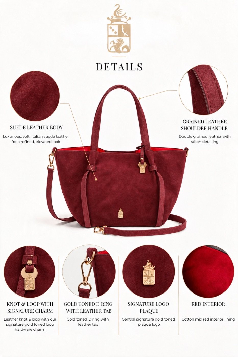 Simona in Beautiful Burgundy details: suede leather body, grained leather shoulder handle, knot and loop with signature charm, gold toned D ring with leather tab, signature logo plaque and red interior
