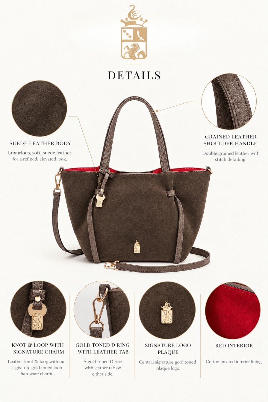 Simona in Rich Chocolate details: suede leather body, grained leather shoulder handle, knot and loop with signature charm, gold toned D ring with leather tab, signature logo plaque and red interior