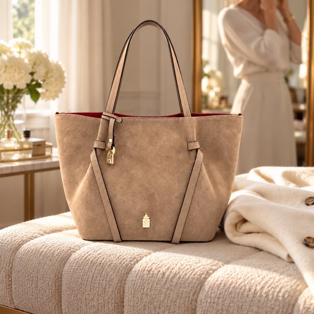 Simona in Winter Taupe on an upholstered bench