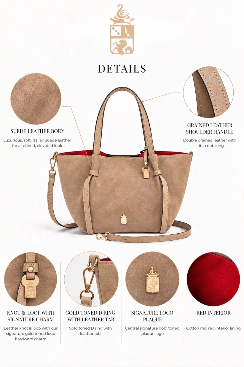 Simona in Winter Taupe details: suede leather body, grained leather shoulder handle, knot and loop with signature charm, gold toned D ring with leather tab, signature logo plaque and red interior