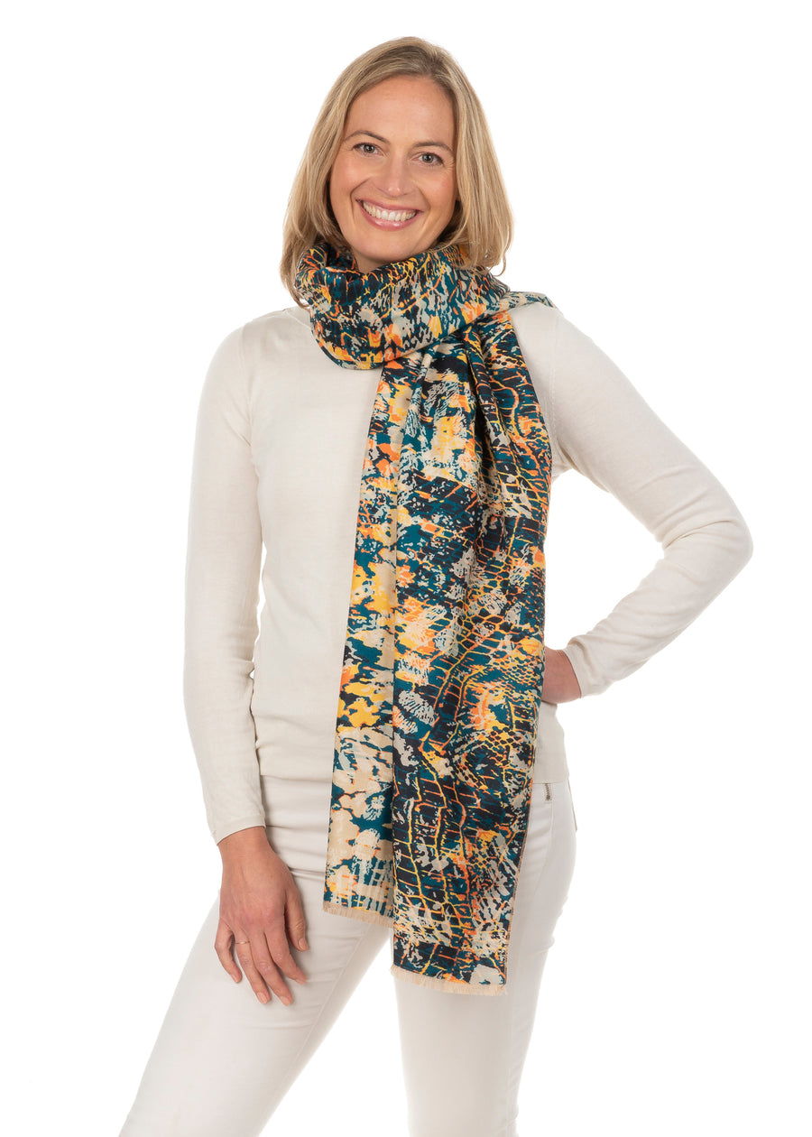 Cristina Blue/Orange Abstract Floral Shawl