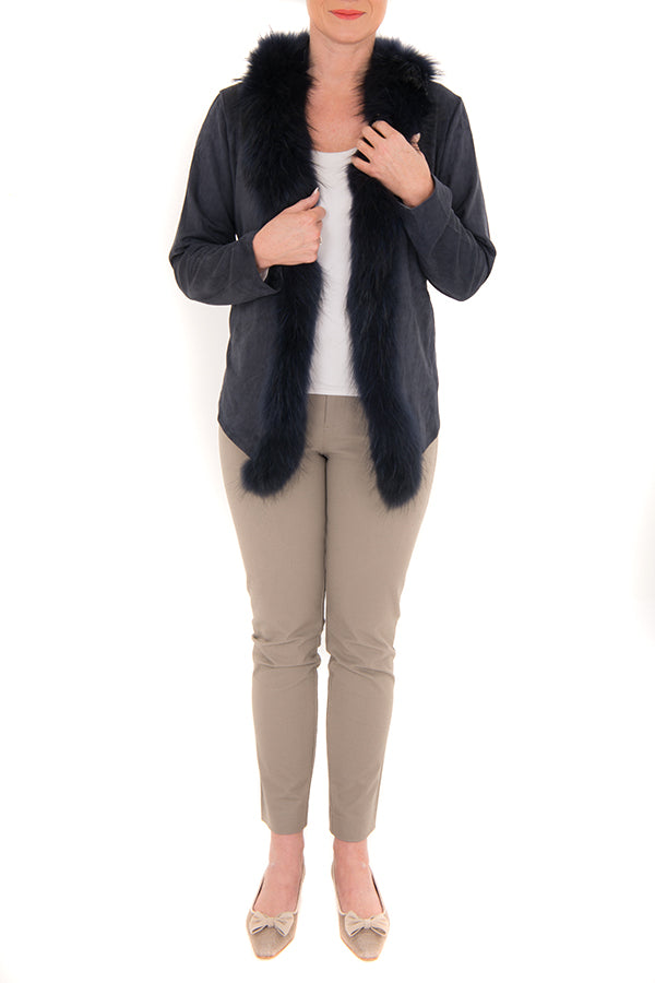 Navy Suedette Jacket With Fur Trim